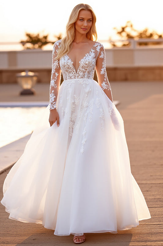 White Tulle A Line Long Sleeves Sweep Train Wedding Dress with Appliques