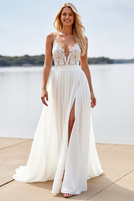 White Chiffon A Line Deep V-Neck Boho Sweep Train Wedding Dress with Lace
