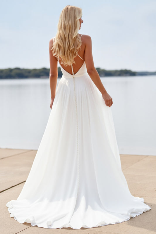 White Chiffon A Line Deep V-Neck Boho Sweep Train Wedding Dress with Lace