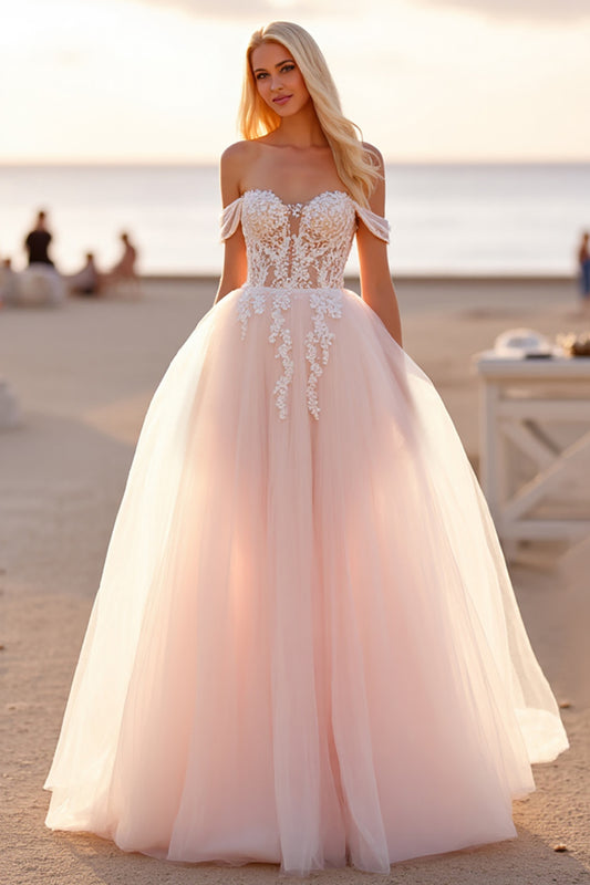 Blush Tulle Off the Shoulder Ball Gown Wedding Dress with Appliques