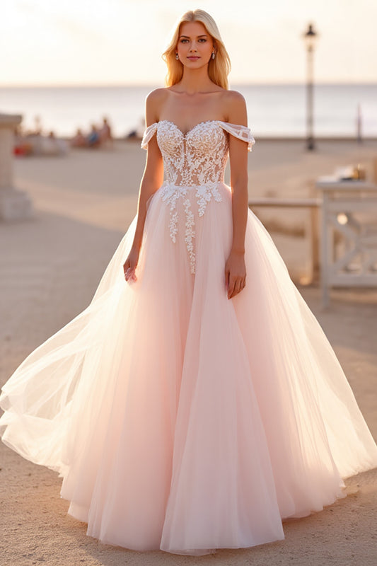 Blush Tulle Off the Shoulder Ball Gown Wedding Dress with Appliques