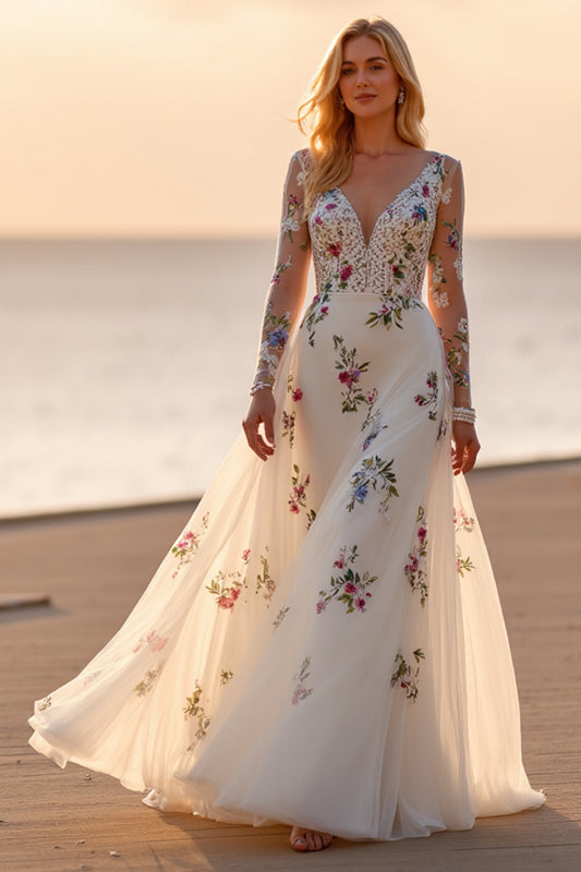 White Long Sleeves Deep V-Neck Floral Wedding Dress
