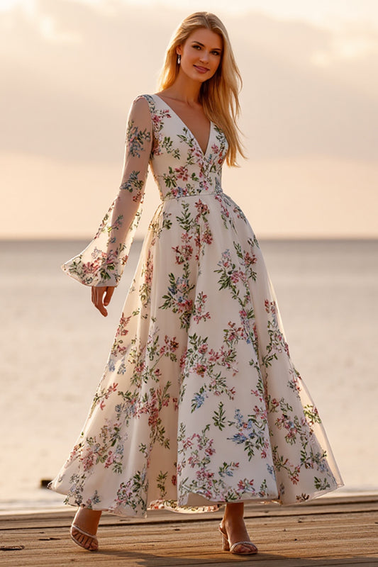 White Long Sleeves V-Neck Floral Ankle Length Wedding Dress