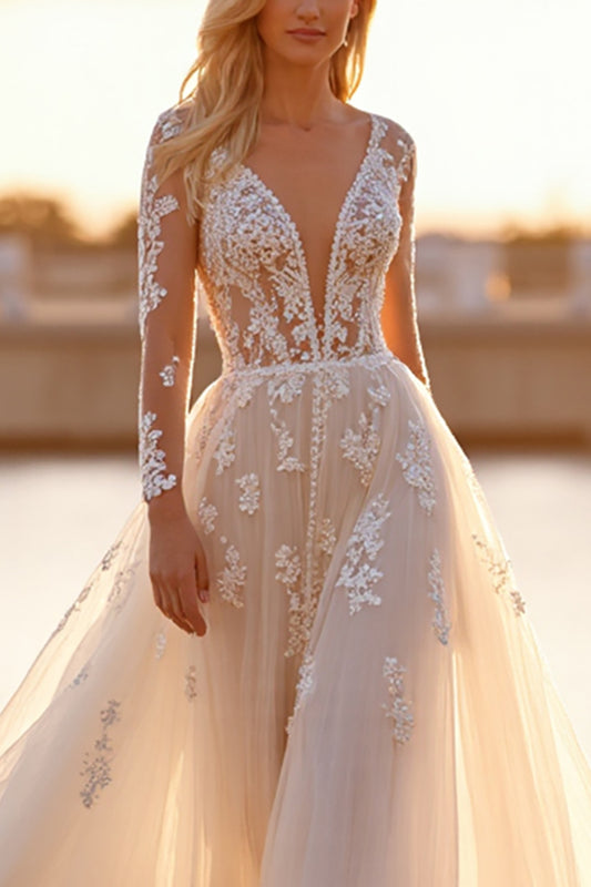 White Tulle Deep V-Neck Long Sleeves Wedding Dress with Appliques