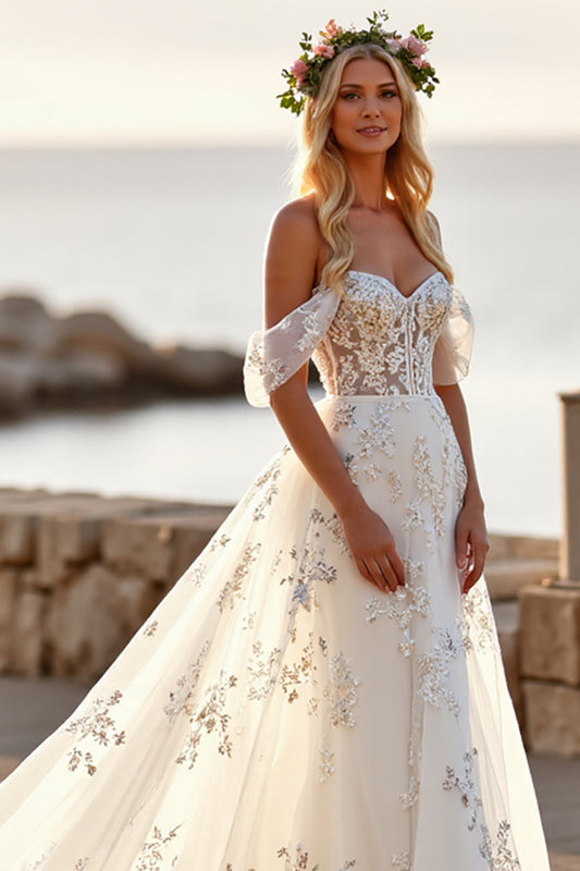 White Tulle Off the Shoulder Sweep Train Wedding Dress with Appliques