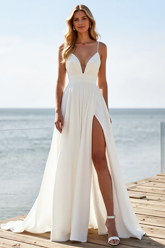 White Deep V-Neck Boho Sweep Train Wedding Dress with Slit
