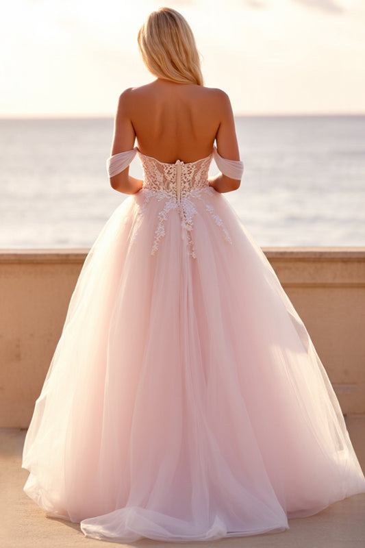 Blush Tulle Corset Ball Gown Wedding Dress with Appliques
