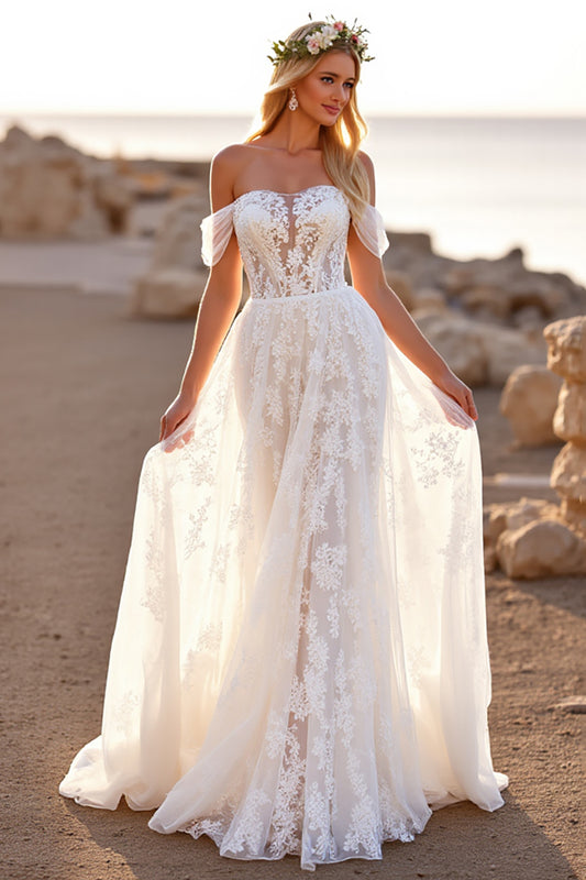 A Line Off the Shoulder White Lace Sweep Train Wedding Dress