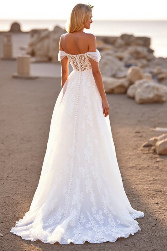 A Line Off the Shoulder White Lace Sweep Train Wedding Dress