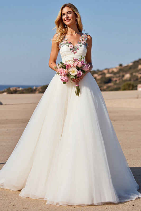 V-Neck White Floral Ball Gown Sweep Train Wedding Dress