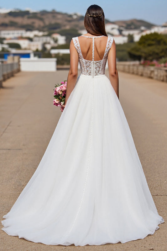 White Illusion Back Boho Sweep Train Wedding Dress with Lace