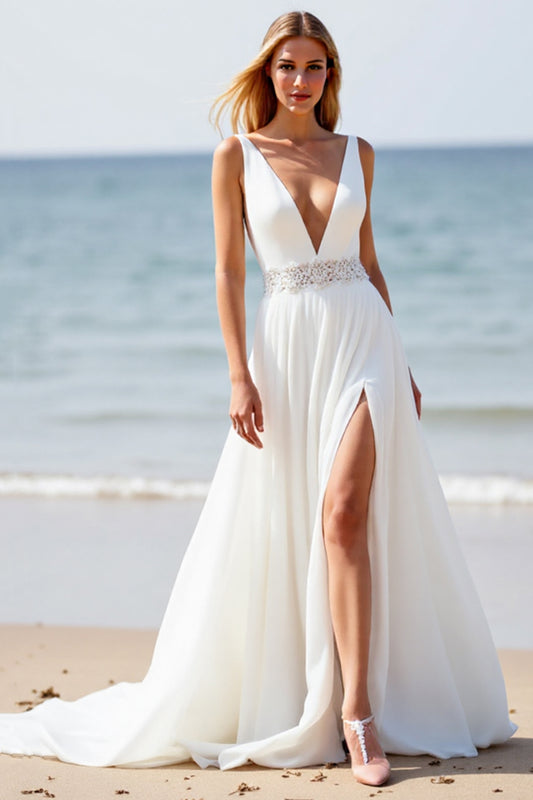 Deep V-Neck Chiffon White Boho Sweep Train Wedding Dress with Slit