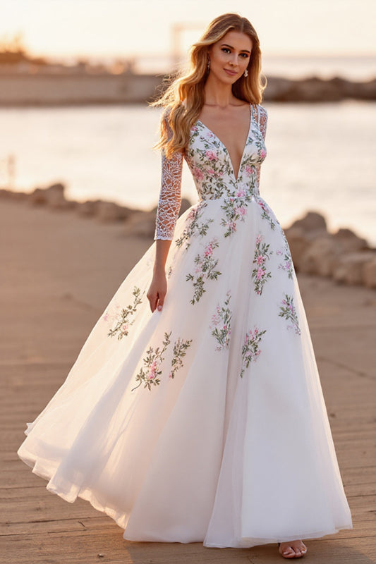 Floral White Long Sleeves Floor Length Wedding Dress with Lace