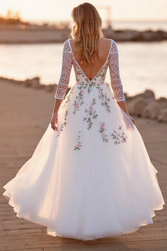 Floral White Long Sleeves Floor Length Wedding Dress with Lace
