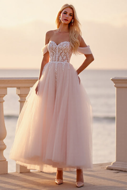 Blush Ball Gown Ankle Length Wedding Dress with Appliques