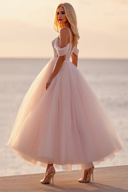 Blush Ball Gown Ankle Length Wedding Dress with Appliques