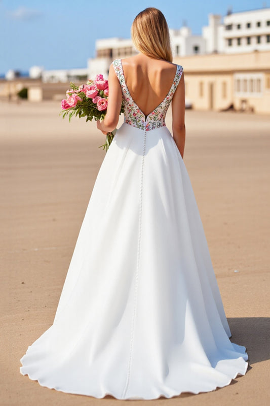 Floral V-Neck White Ball Gown Sweep Train Wedding Dress