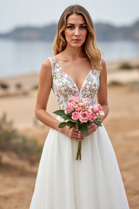 White V-Neck A Line Floral Sweep Train Wedding Dress