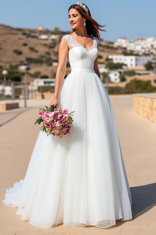 V-Neck White Ball Gown Sweep Train Wedding Dress with Lace