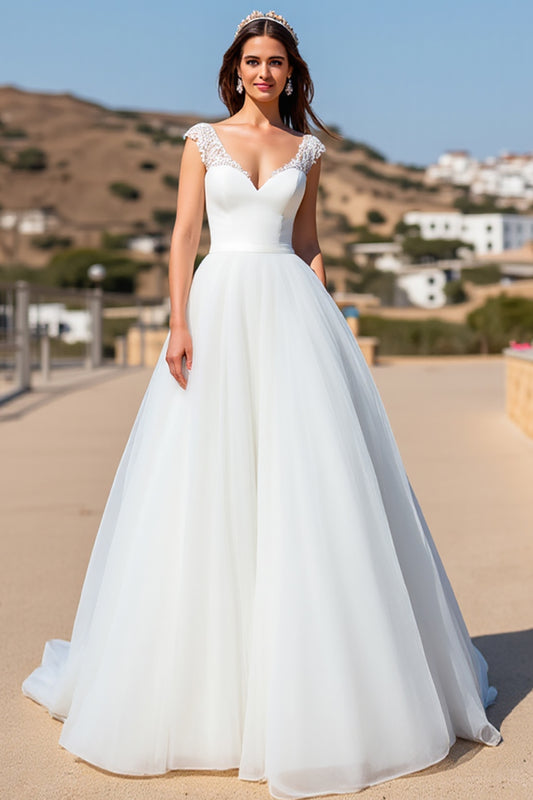 V-Neck White Ball Gown Sweep Train Wedding Dress with Lace