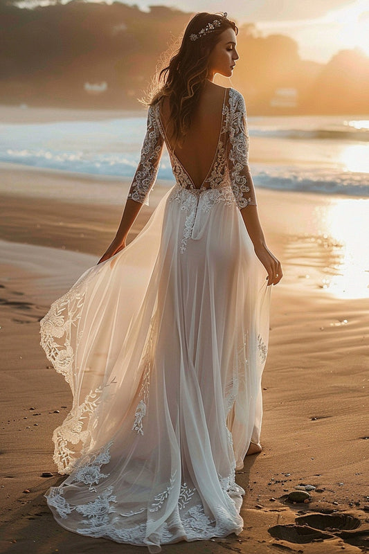 White Long Sleeves Boho Sweep Train Wedding Dress with Lace