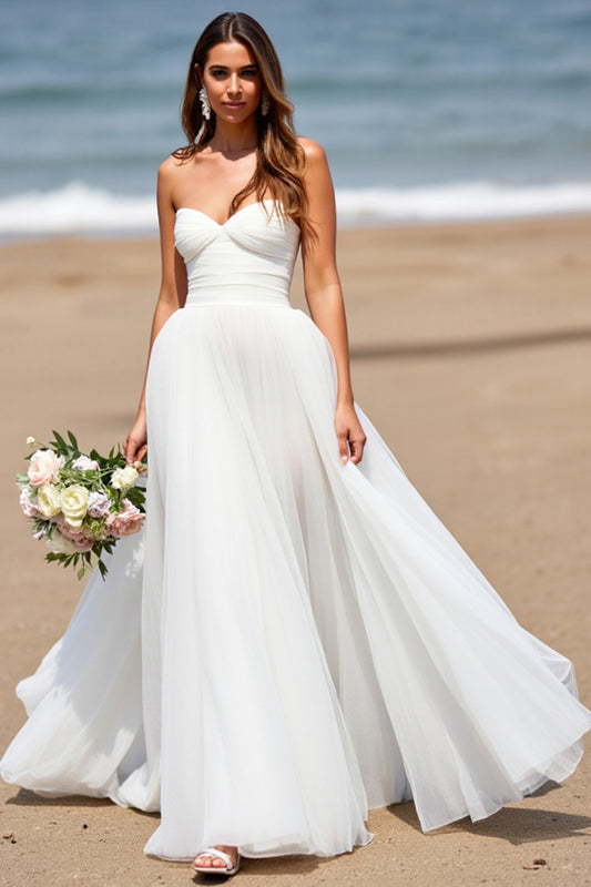 Sweetheart A Line Tulle White Boho Sweep Train Wedding Dress