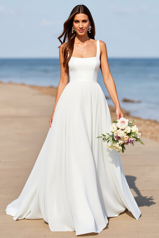 Square Neck Satin A Line White Boho Sweep Train Wedding Dress
