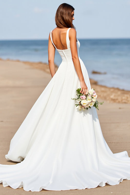 Square Neck Satin A Line White Boho Sweep Train Wedding Dress