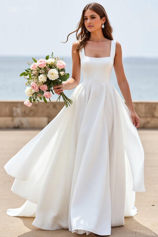 White Satin Square Neck Boho Sweep Train Wedding Dress