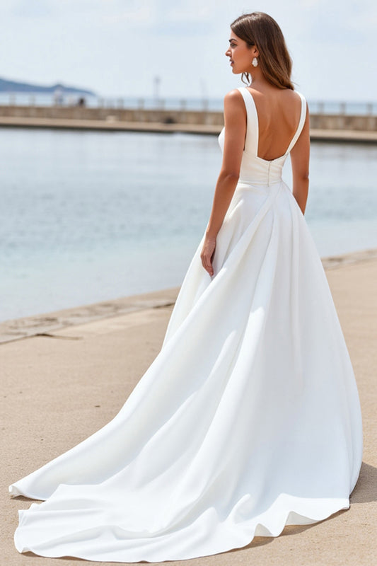White Satin Square Neck Boho Sweep Train Wedding Dress