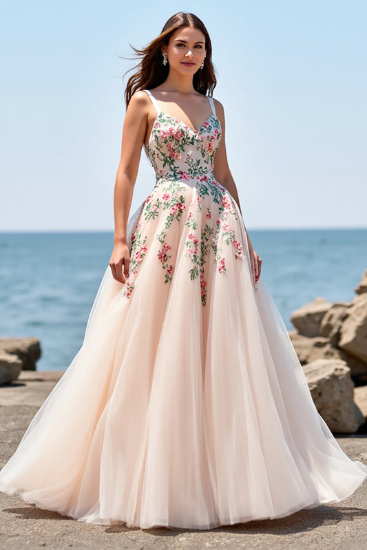 Tulle Blush Floral Ball Gown Floor Length Wedding Dress