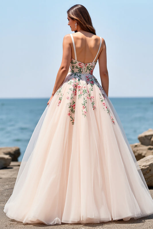 Tulle Blush Floral Ball Gown Floor Length Wedding Dress