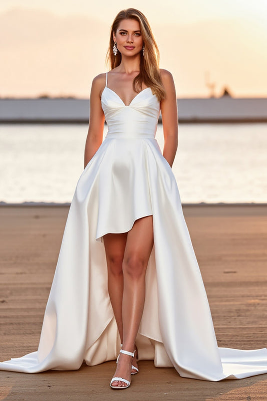 Satin A Line V-Neck White Boho High-Low Wedding Dress