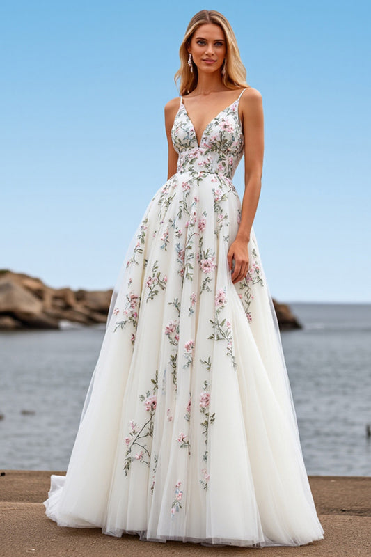 Tulle White A Line Floral Sweep Train Wedding Dress