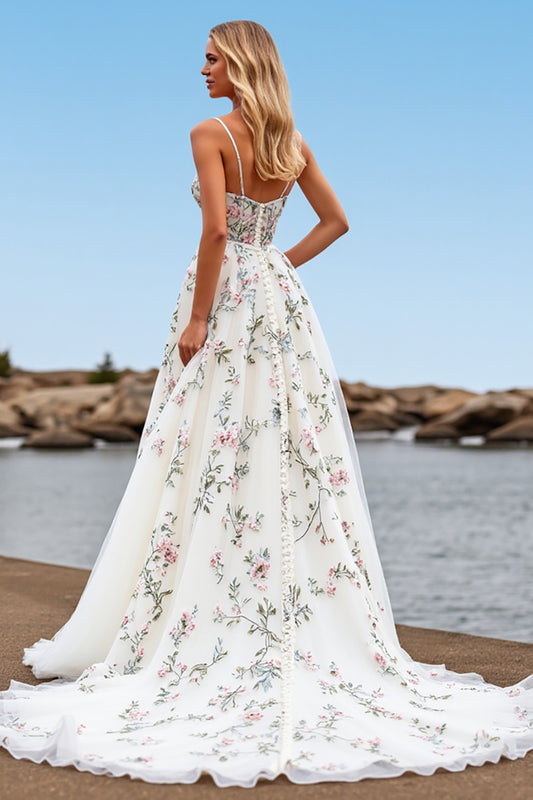 Tulle White A Line Floral Sweep Train Wedding Dress