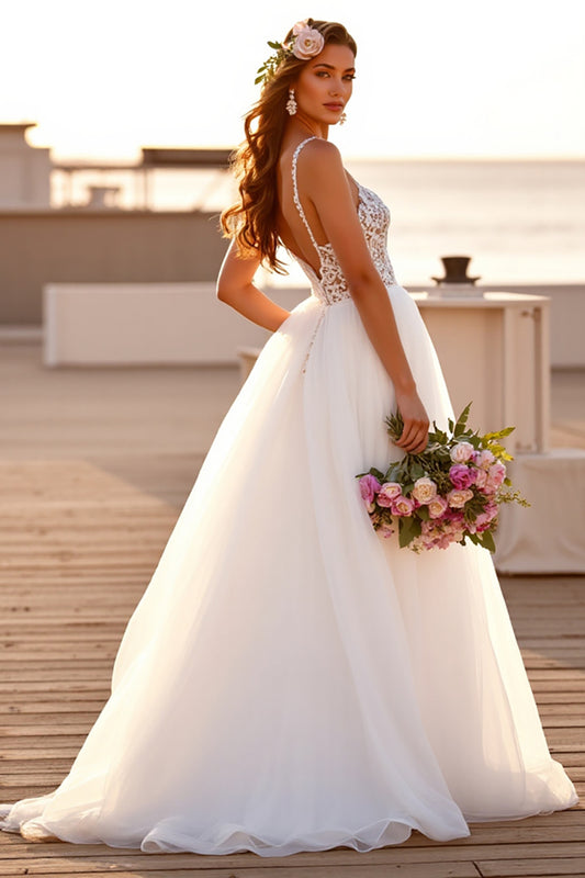 Boho Chiffon White Sweep Train Wedding Dress with Lace