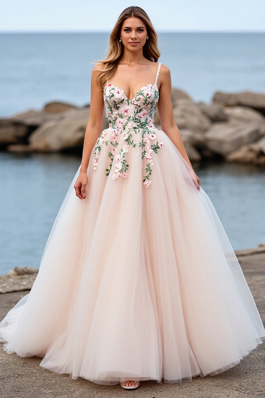 Tulle Floral Blush Ball Gown Sweep Train Wedding Dress