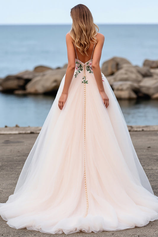 Tulle Floral Blush Ball Gown Sweep Train Wedding Dress