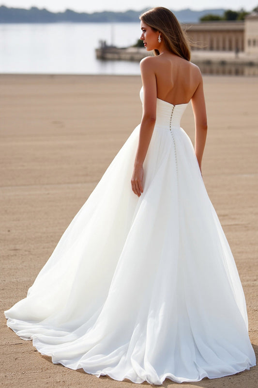 Chiffon Boho White Sweetheart Sweep Train Wedding Dress
