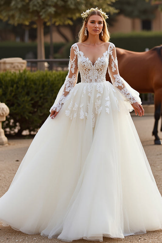 Tulle White Long Sleeves Ball Gown Wedding Dress with Appliques