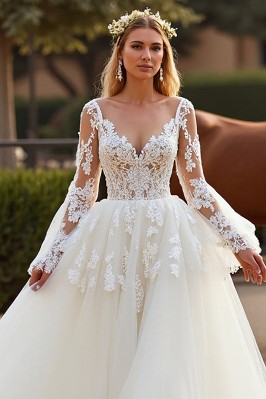 Tulle White Long Sleeves Ball Gown Wedding Dress with Appliques