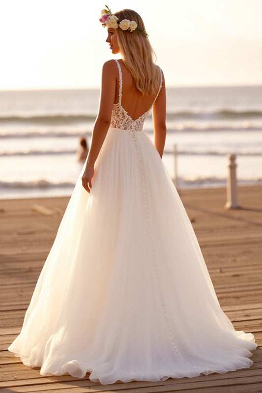 White Chiffon V-Neck Boho Sweep Train Wedding Dress with Lace