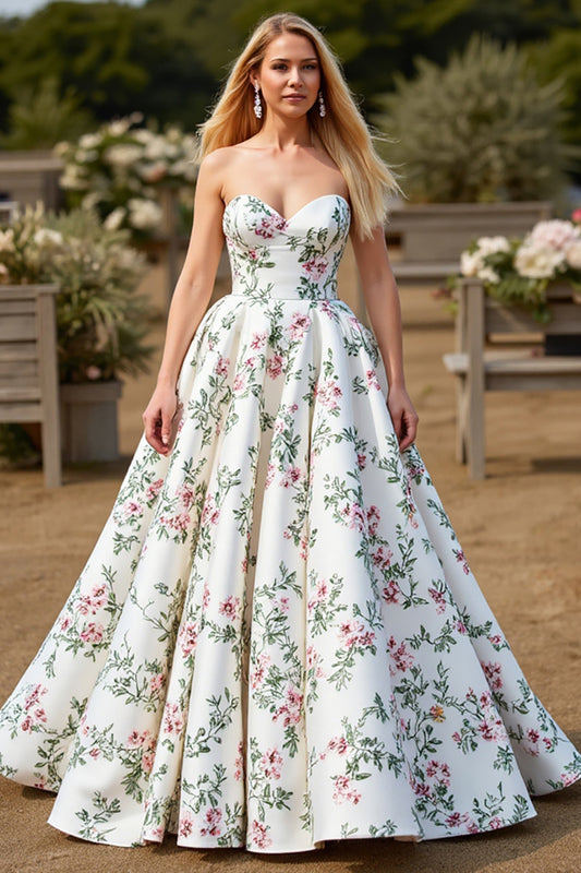 Satin Floral Ball Gown White Sweep Train Wedding Dress