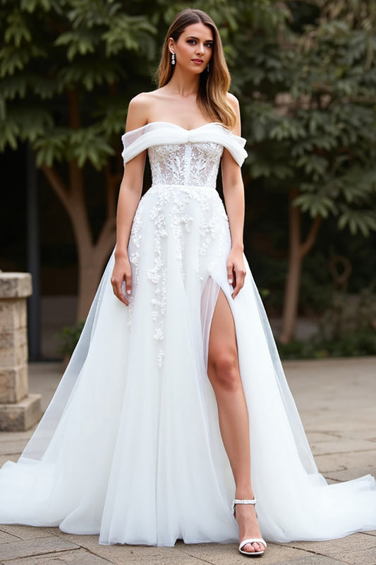 Tulle Ball Gown White Sweep Train Wedding Dress with Slit