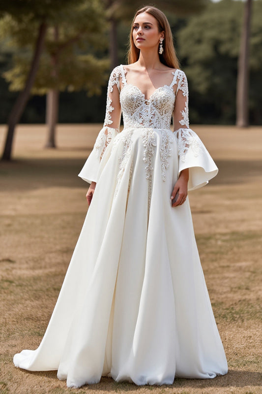 Tulle White Ball Gown Flare Sleeves Wedding Dress with Appliques
