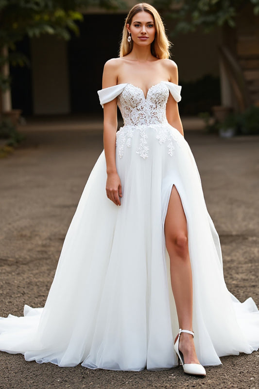 Ball Gown Tulle White Sweep Train Wedding Dress with Appliques
