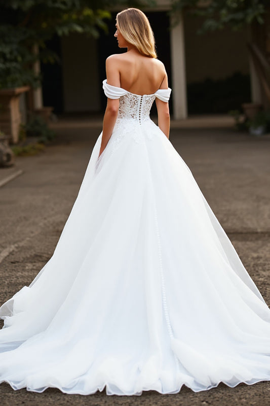 Ball Gown Tulle White Sweep Train Wedding Dress with Appliques