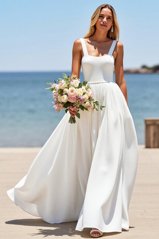 Square Neck Satin White A Line Boho Sweep Train Wedding Dress