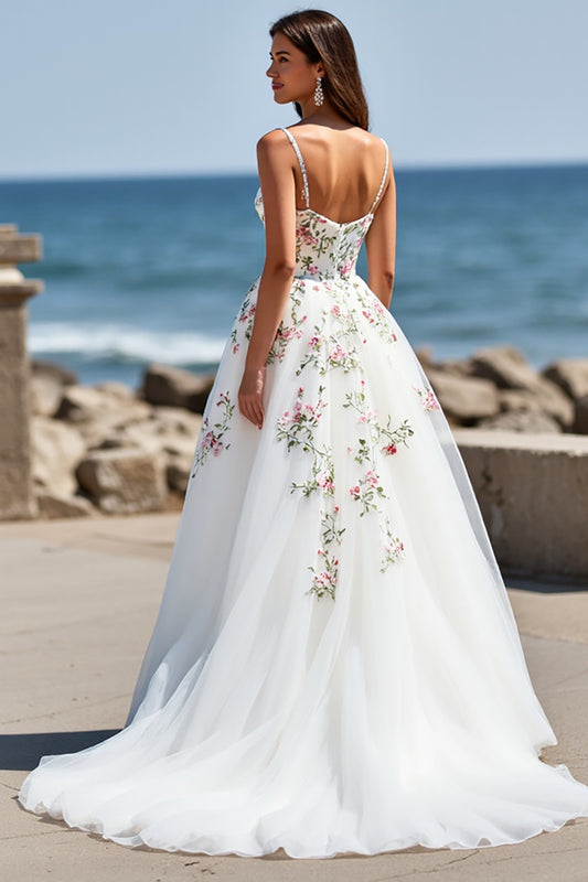 Tulle White Ball Gown Floral Sweep Train Wedding Dress