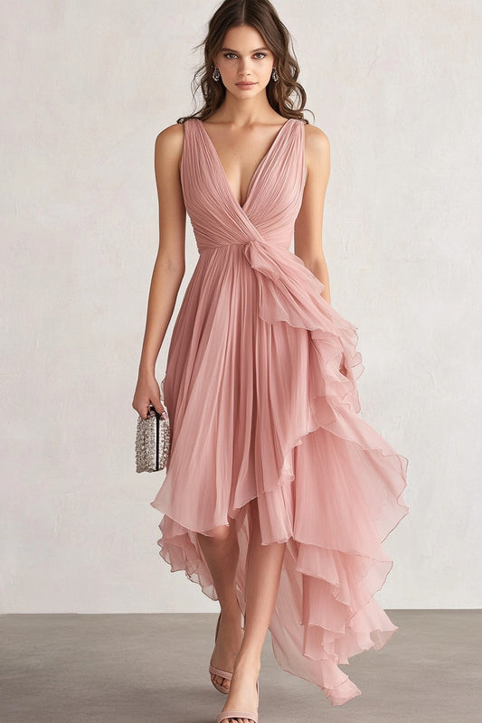 A Line V-Neck Asymmetrical Blush Prom Dress with Pleats